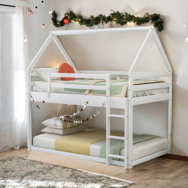 slide 2 of 15, House Bed Design Twin over Twin Low Bunk Bed, House Bed with Ladder White