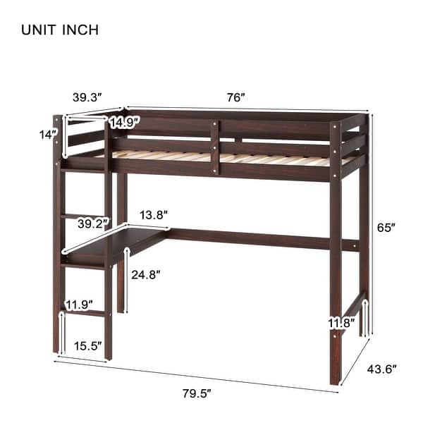 dimension image slide 5 of 6, Wood Loft Bed with Desk & Safety Guardrails