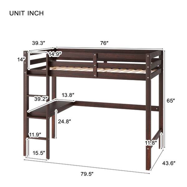 dimension image slide 5 of 6, Wood Loft Bed with built-in desk, Safety Guardrails and Ladder for Kids, Boys and Girls