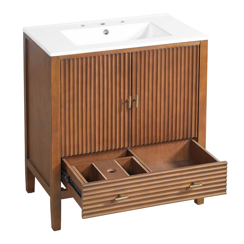 Christopher Knight Home - Mid-Century Freestanding Bathroom Vanity with Ceramic Sink, Flip-Up & Dual Drawers