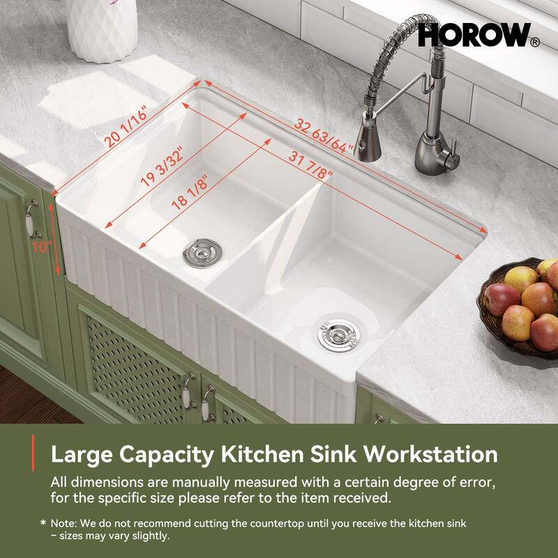 HOROW 33 in. Farmhouse/Apron-Front 50/50 Double Bowl White Fireclay Kitchen Sink with Workstation,Cutting Board,Grid, Strainer