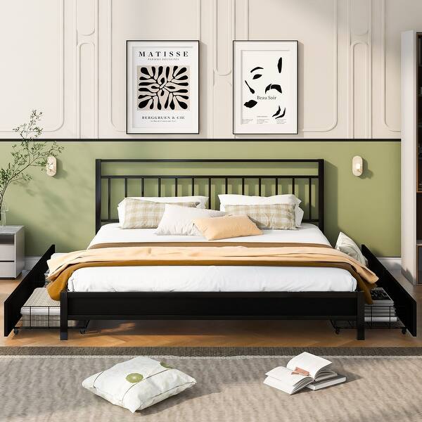 King Size Metal Storage Platform Bed w/ 4 Drawers Upholstered  display picture 1