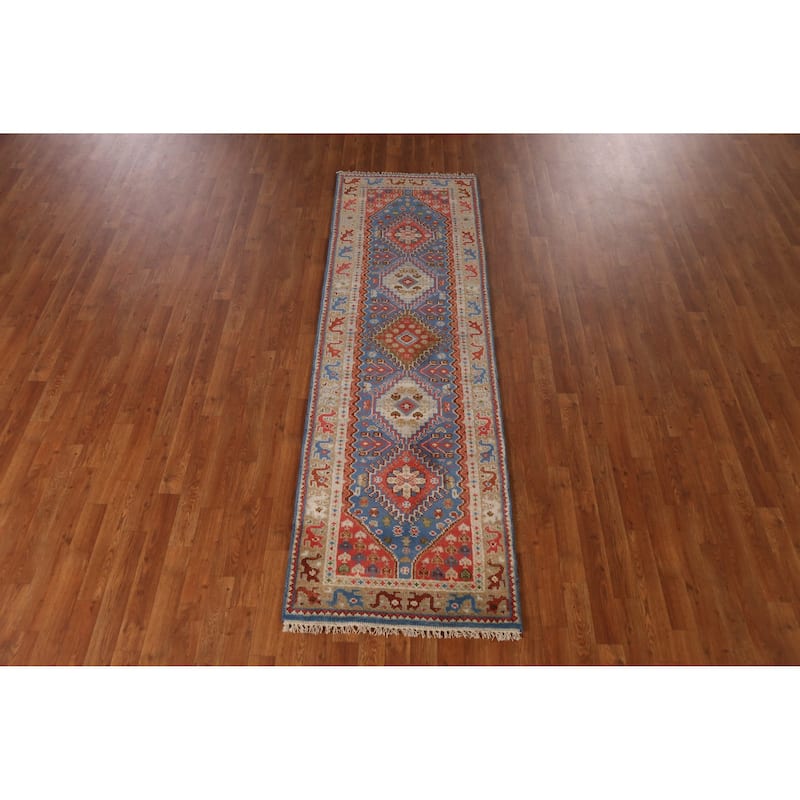 Blue Geometric Heriz Serapi Indian Runner Rug Handmade Wool Carpet - 2'6" x 8'0"