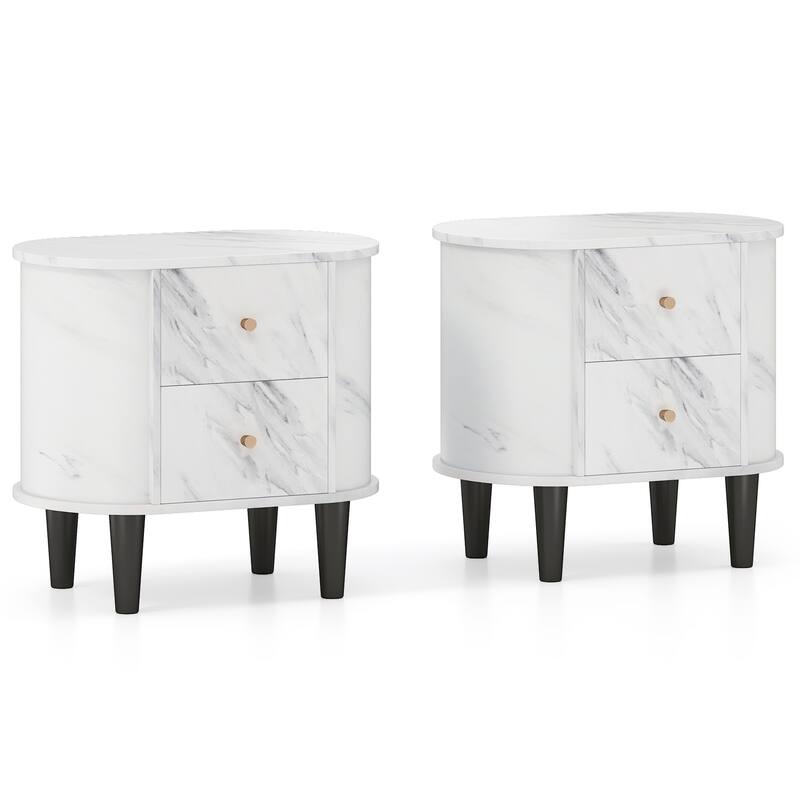 Gymax 2PCS Nightstand w/ 2 Drawers Faux Marble Bedside Table for Small