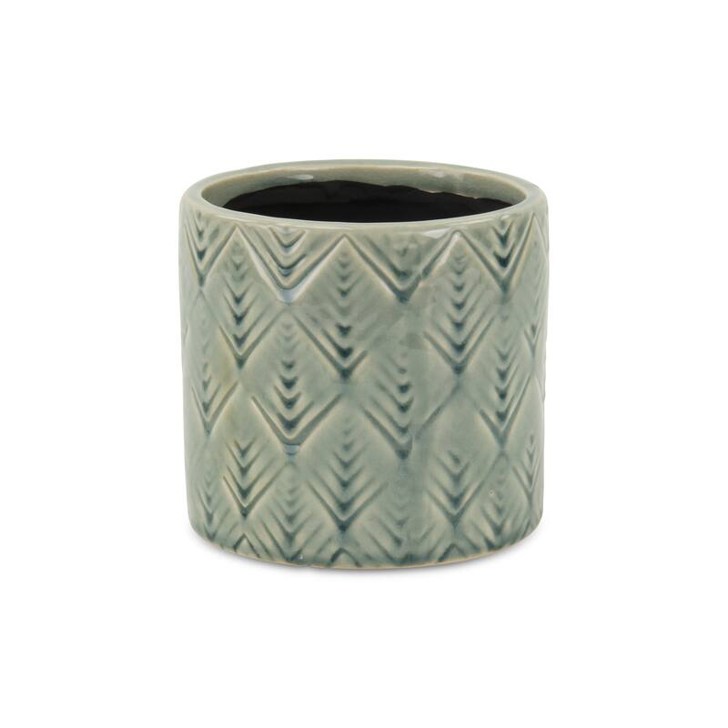 HomeRoots Green Ceramic 33 Ounce Geometric Round Distressed Pot Planter - 5.50 in. x 5.25 in. x 5.50 in.