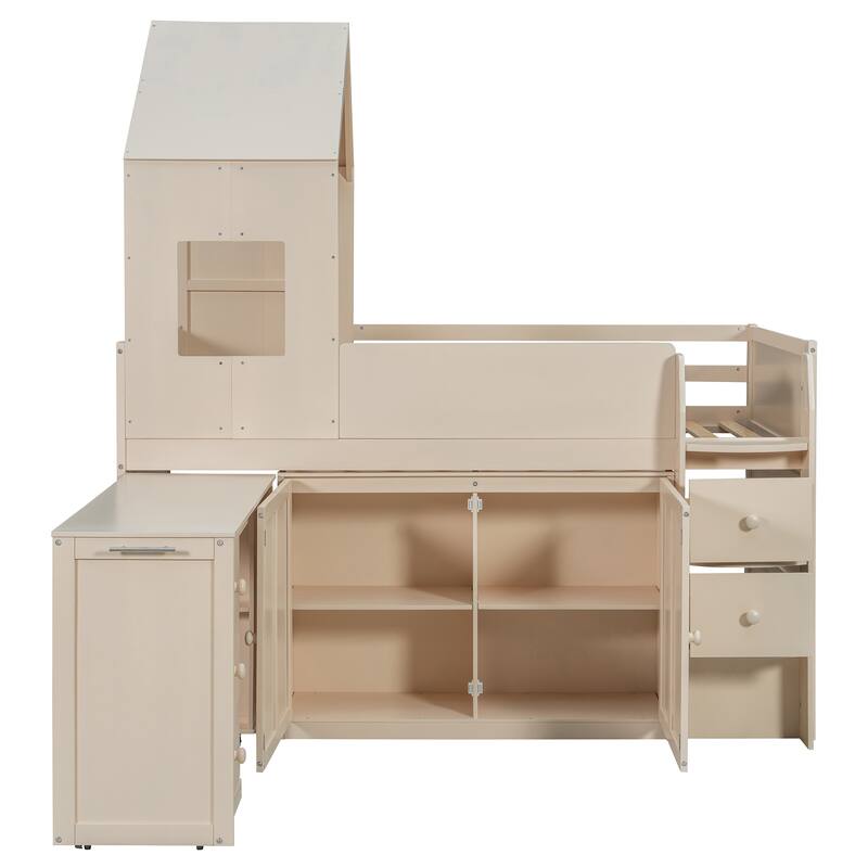 House-Style Kids Loft Bed Frame with Cabinets, Desk, Twin Size Wooden Loft Bed with Safety Guardrail & Storage Ladder
