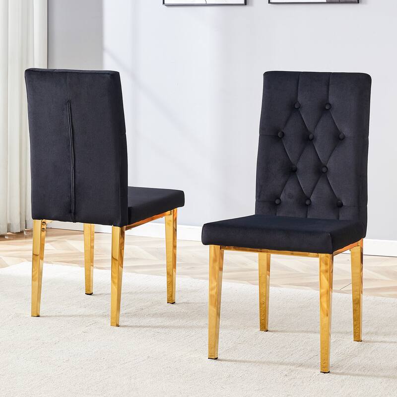 2 piece dining chairs.The gold metal legs complement the black velvet, showcasing a perfect blend of modern and classic elements - Black+Gold