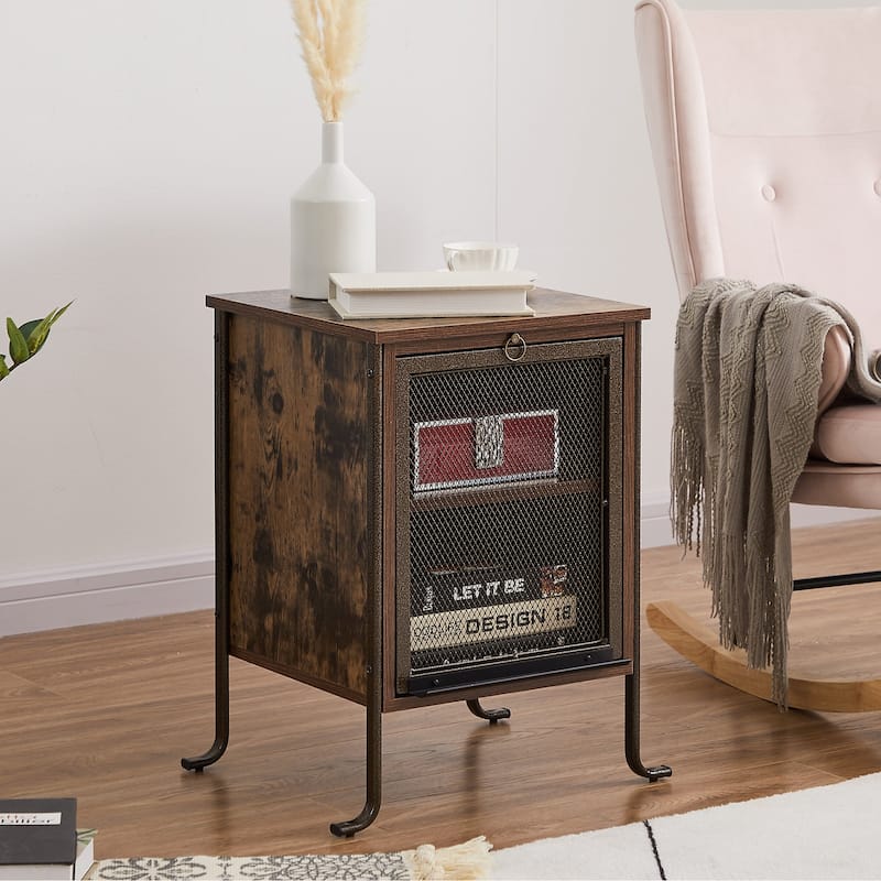 Modern Nightstand with Pull-out Shelf and Mesh Cabinet, Brown