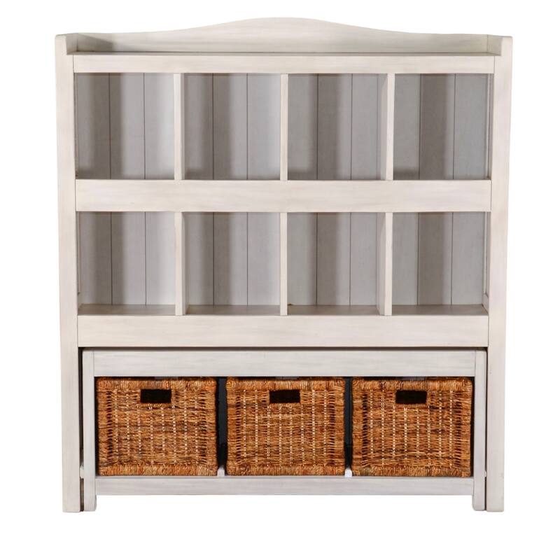 Bem Bookcase w Trundle Bench, 3 Woven Basket, 8 Cubbies, White 57 Inch