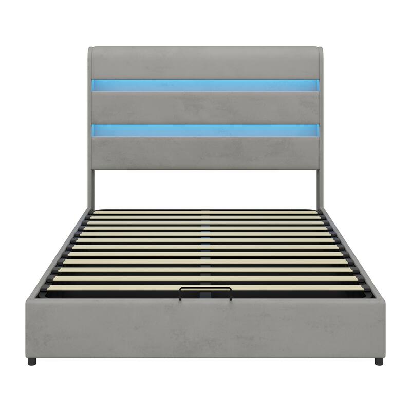 LED Storage Bed with Velvet Upholstery Headboard & Footboard, Grey Full