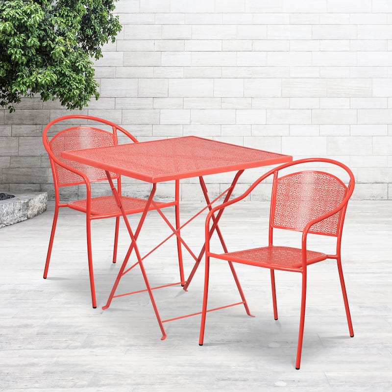 28'' Square Indoor-Outdoor Folding Patio Table Set with 2 Round Back Chairs - Coral