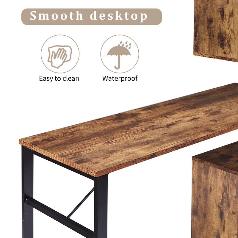 Home Office Computer Desk L-Shaped Corner Table, Rotating Office Desk with 5-Tier Bookshelf & Lockable Casters
