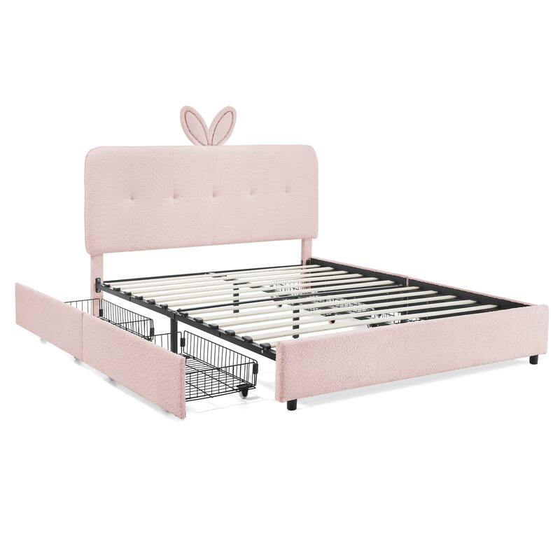 Queen Size Boucle Upholstered Bed with Rabbit Ear Headboard, LED Music Sync & 4 Drawers