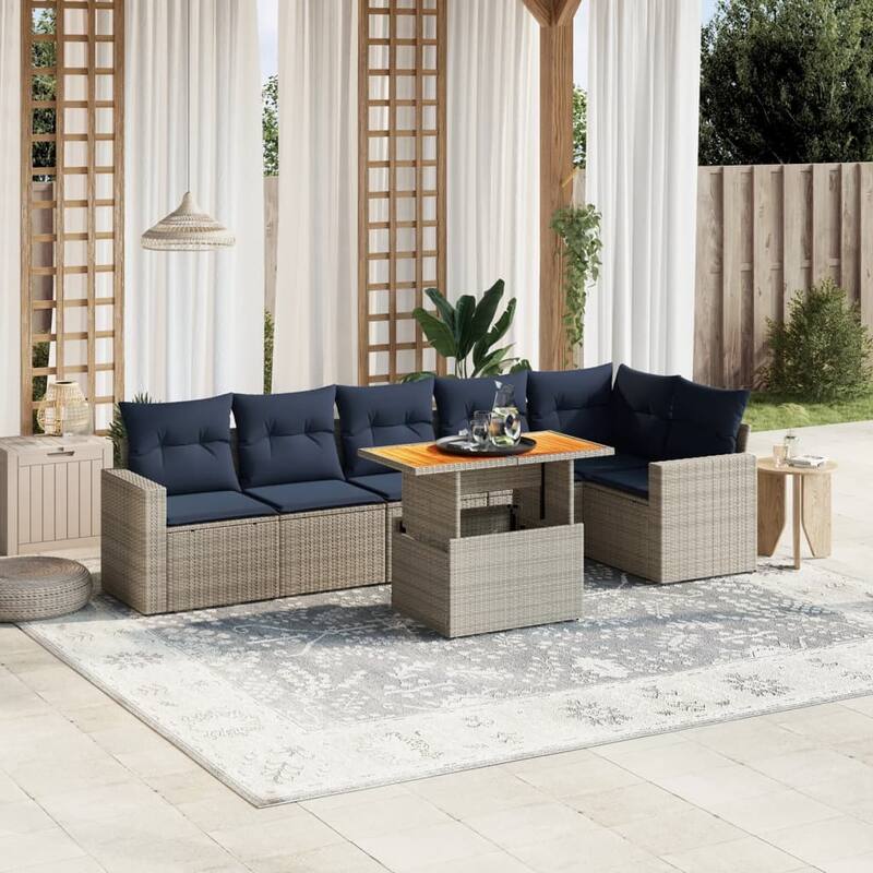 vidaXL Patio Sofa Set with Cushions Outdoor Furniture 7 Piece Poly Rattan - 24.4 x 24.4 x 27.2 - Grey-corner+3x middle+2x Sofa+Table