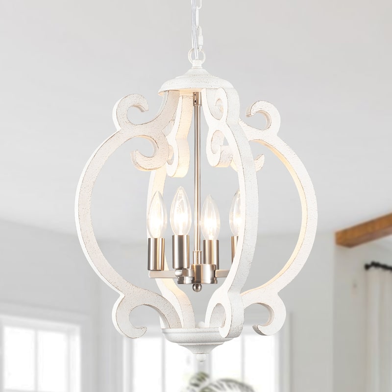 4-Light Antique Wood French Country Chandelier Vintage Pendant for Dining Room