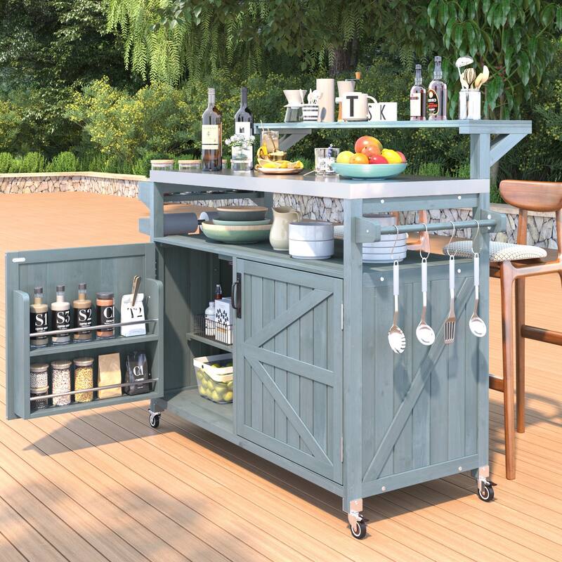53.3" Outdoor Kitchen Island with Raised Shelf,Solid Wood Storage Cabinet with Stainless Steel Top(NO CHAIR) - N/A