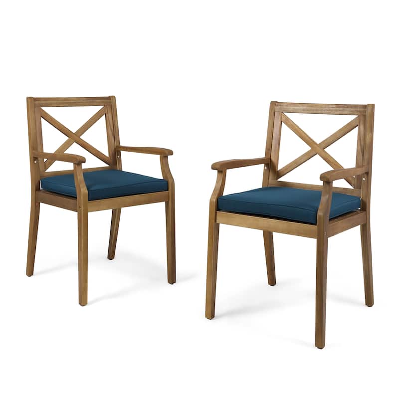 Perla Outdoor Acacia Wood Dining Chair (Set of 2) by Christopher Knight Home - teak + blue cushion