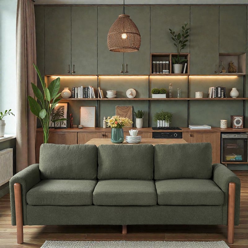 83.86 Inch 3-Seater Sofa with Curved Armrests, Teddy Velvet Upholstery, Solid Wood Legs, High Weight Capacity