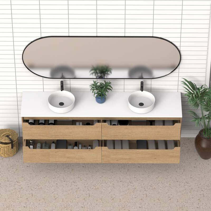 84" Solid Wood Bathroom Vanity with White Quartz Countertop Ceramic Vessel Sink