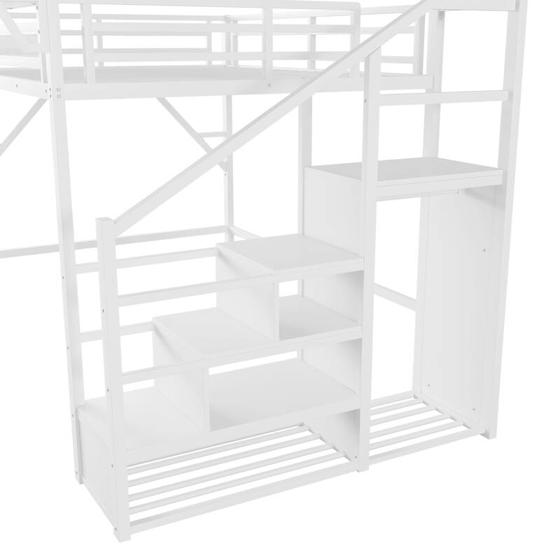 Heavy Duty Metal Storage Loft Bed with Bedside Shelf and Under Bed Storage, Iron High Loftbed Frame with Built In Wardrobe