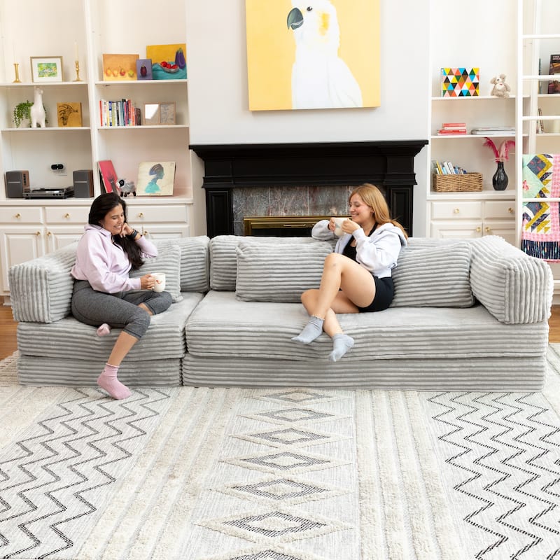 Jaxx Unsofa Modular Convertible Sectional Sofa with Fold Out King Sleeper Bed - 3-Seat Sofa. - Faux Fur Light Grey