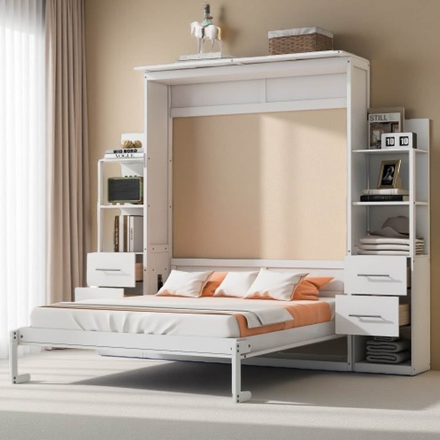 Queen Murphy Wall Bed with LED Night Light, 2 Four-Layer Shelves & 4 Drawers, Space-Saving Foldable Bed