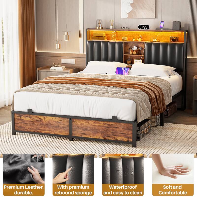 Upholstered Bed Frame with Storage Shelving, Platform Beds with Charge Station and LED Lights