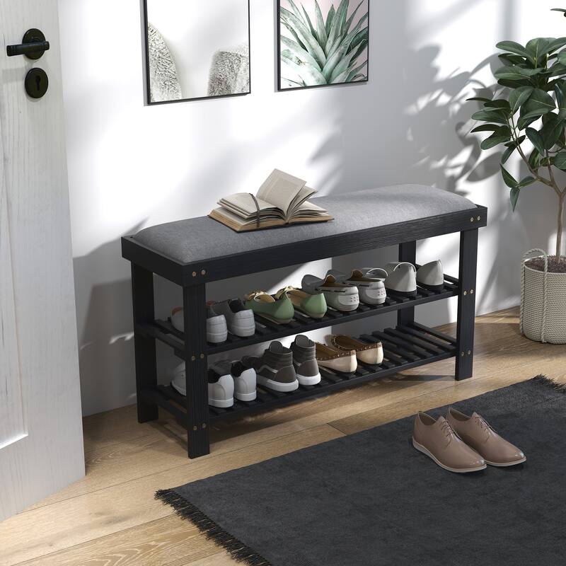 HOMCOM Bamboo Shoe Bench, 3-Tier Entryway Bench with Storage and Cushion, Shoe Organizer for Entryway, Hallway - Black