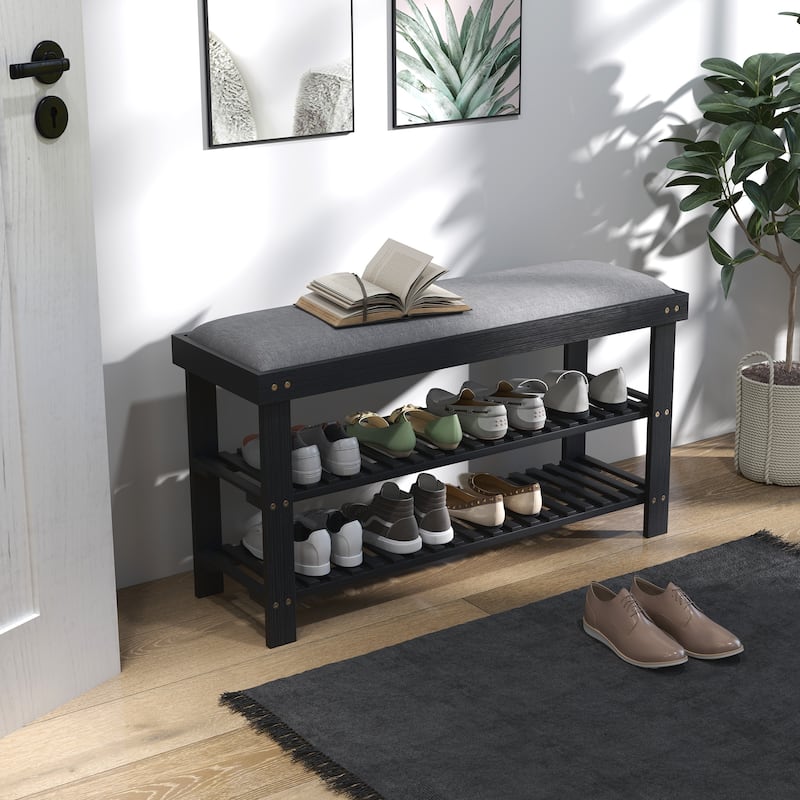 Linen Fabric Padded Shoe Bench with Storage Shelf and Seating for Bedroom Entryway, or Living Room - 35.4" W x 11.4" D x 19.3" H