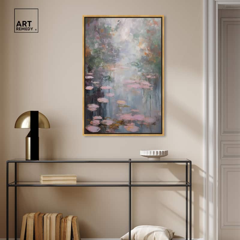 Art Remedy Pink Impressionisty Lilypads Framed Impressionism 1 Piece Canvas Wall Art /Monet And Van Gogh Inspired Art