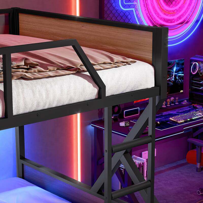 Full over Full Bunk Bed, Metal Bunk Bed with Storage Shelves and Lights, Space-saving & Noise-free Design, Black