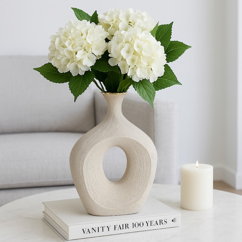 Modern Ceramic Textured Oval Cut-Out Vase - Home Decor - 13"