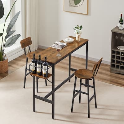 Rustic Brown Bar Table Set with Wine Bottle Storage Rack