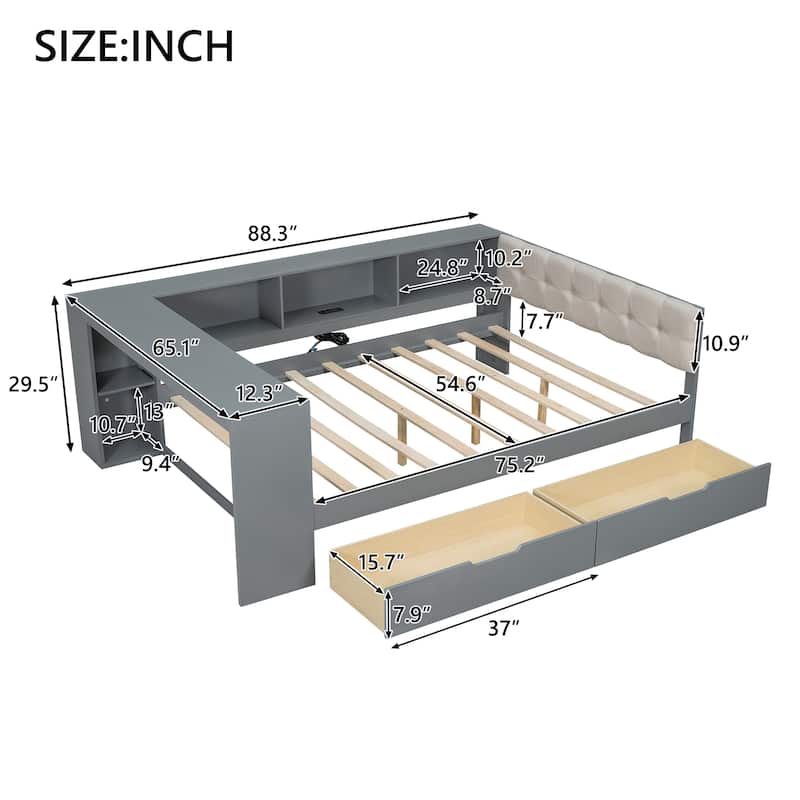 L-shaped Bed Frame with Desk,Shelves,Charging Station,and Optional Upholstered Sofa Bed with Trundle or Wood Daybed with Drawers