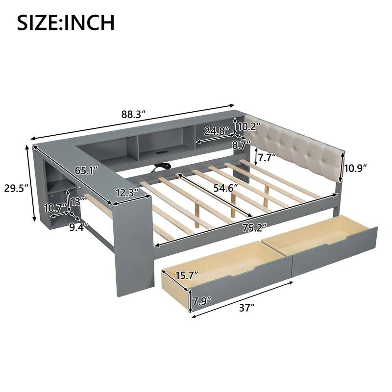 Wooden Platform Bed Multi-Functional Daybed with Desk, Linen Headboard, 2 Drawers, Charging Station and Mulit-Storage Shelves