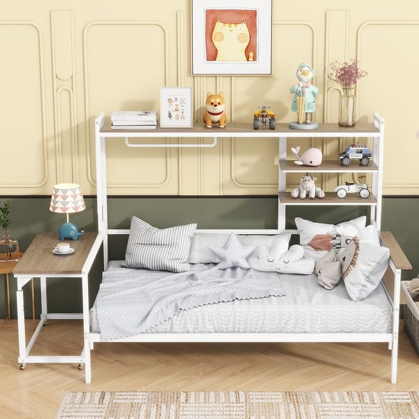 slide 2 of 36, Metal Daybed with Movable Desk, Metal Slat Support Bed Frame Metal Grid, Shelves and Clothes Hanger White - Twin