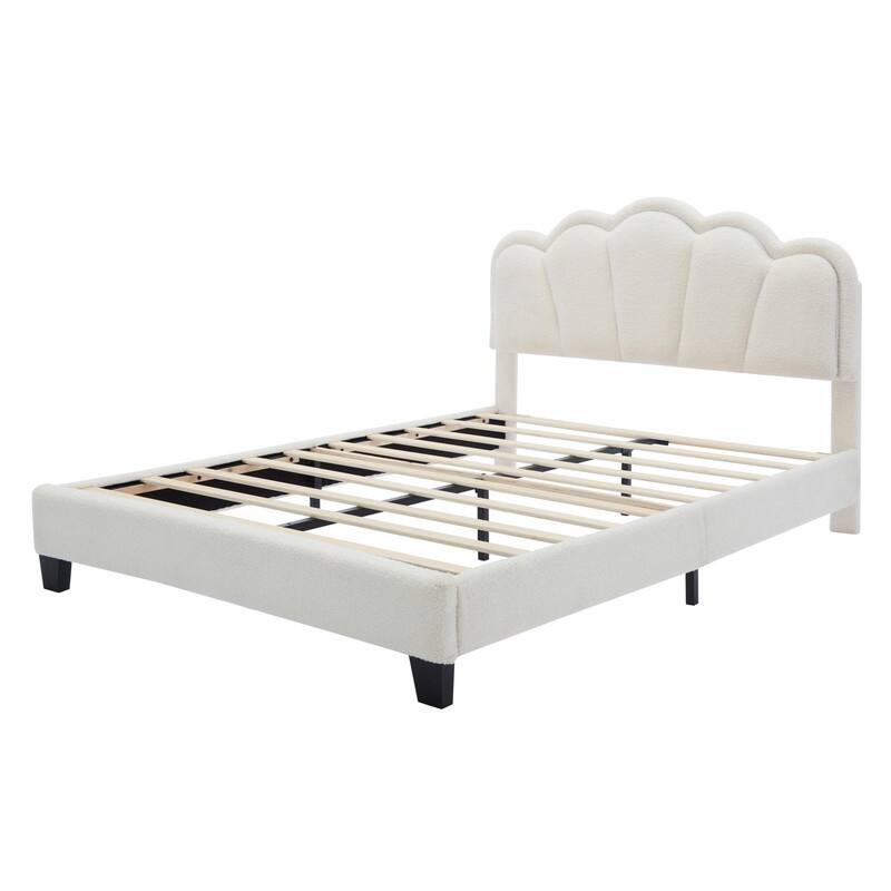 Upholstered Platform Bed with Flower-Shaped Headboard & LED Light Strip, Twin/Full Size Sherpa Fabric Bed Frame w/ Slats Support