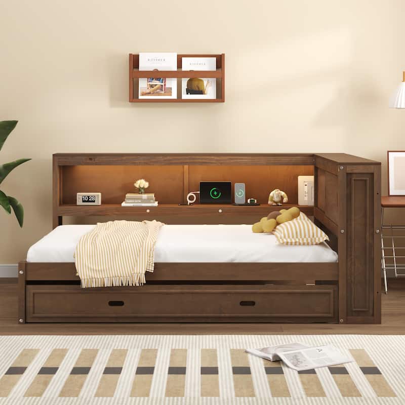Full Size Wood Daybed with Storage Shelves, USB, LED, Trundle