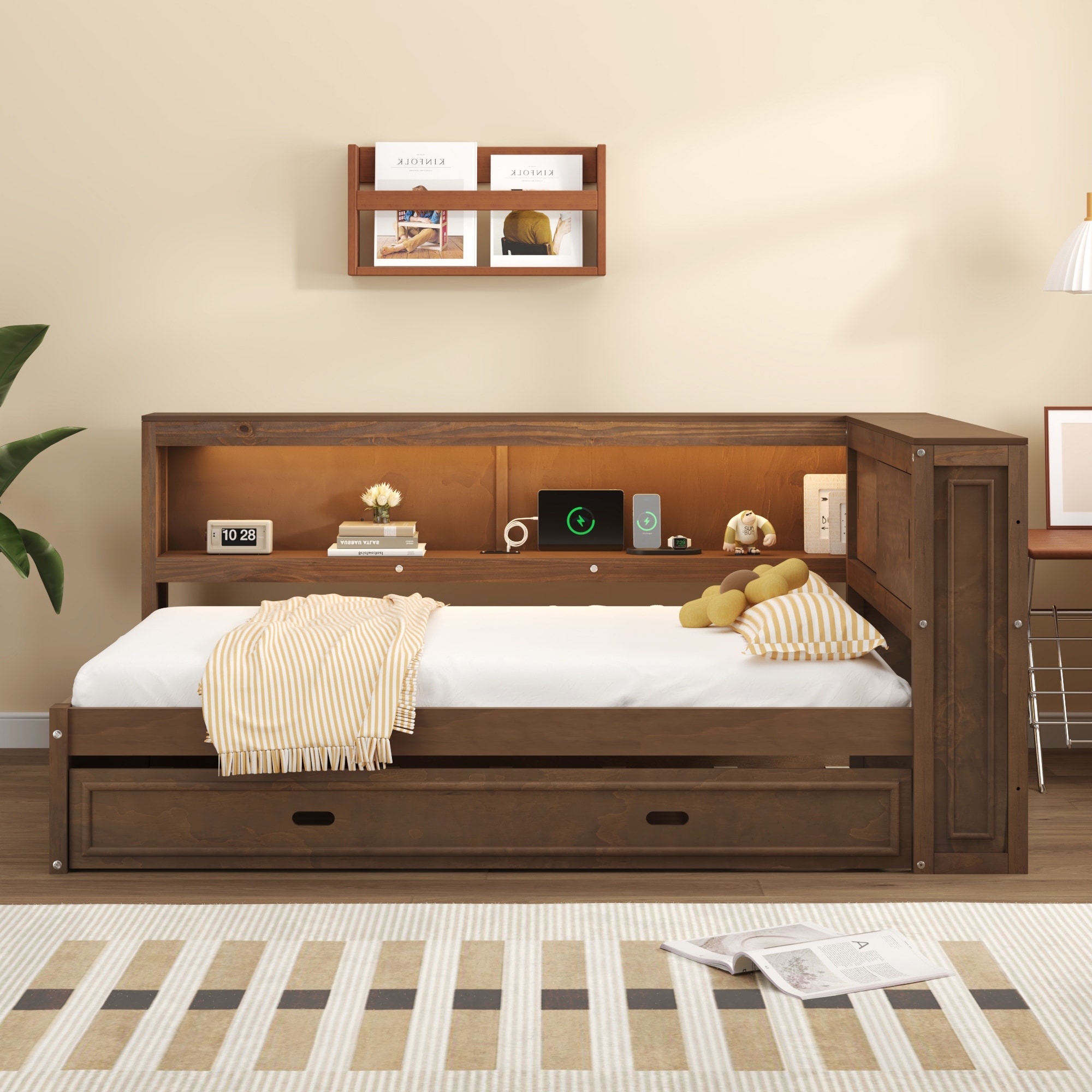 Modern Full Size Daybed with Trundle Bed and Bookcase, L Shaped Solid Wood Corner Bed Frame with LED Lights and USB Ports