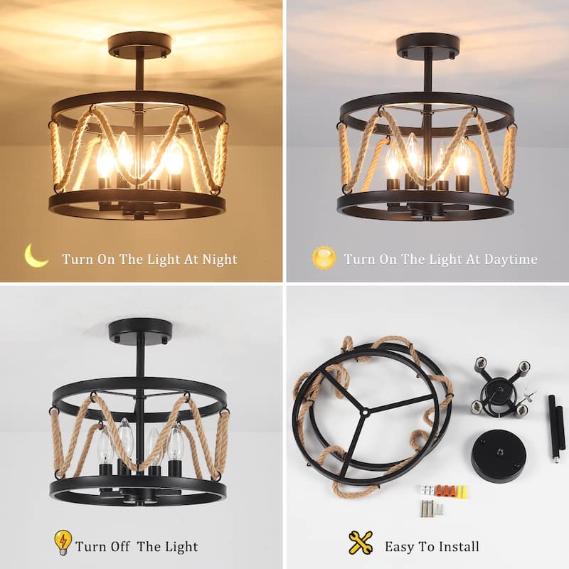 4-Light Hemp Rope Semi- Flush Mount with No Bulbs Included