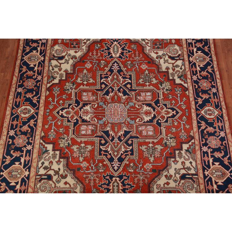 Geometric Red Heriz Serapi Oriental Area Rug Handmade Red Wool Carpet - 8'10" x 12'0"