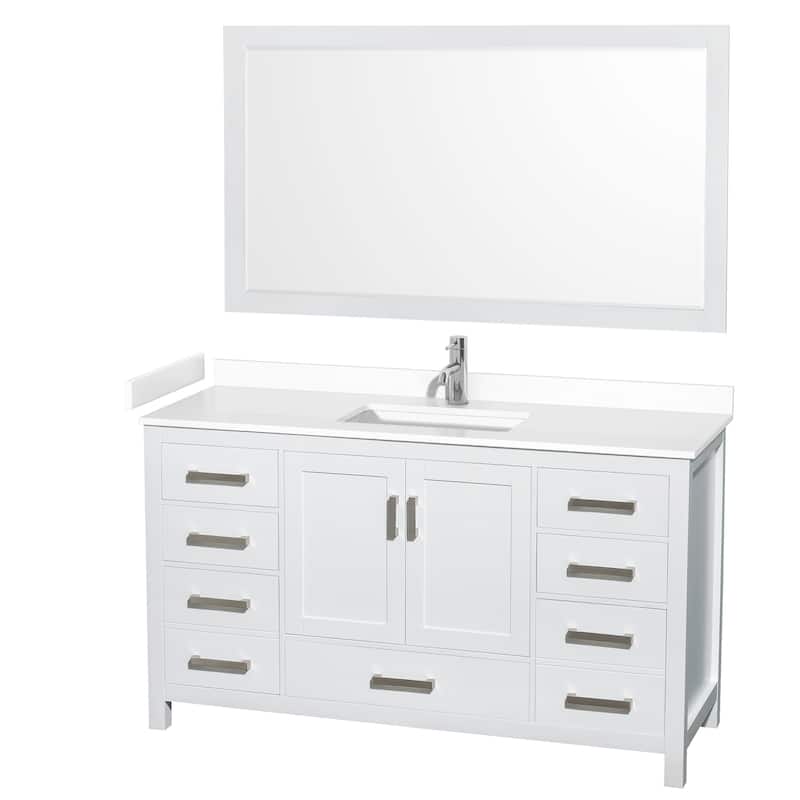 Sheffield Bathroom Vanity Set, Cultured Top, 58-Inch Mirror - 60-Inch Single - White, White Cultured Marble Top, Chrome Trim