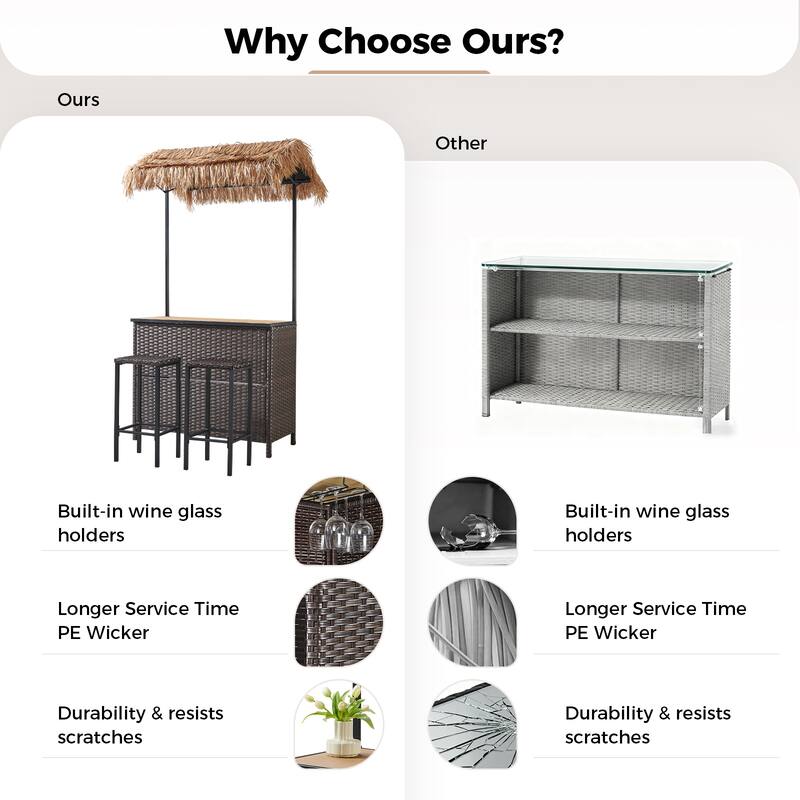 Pocassy Outdoor Patio Tiki Bar Set with 2 Stools Storage for Garden