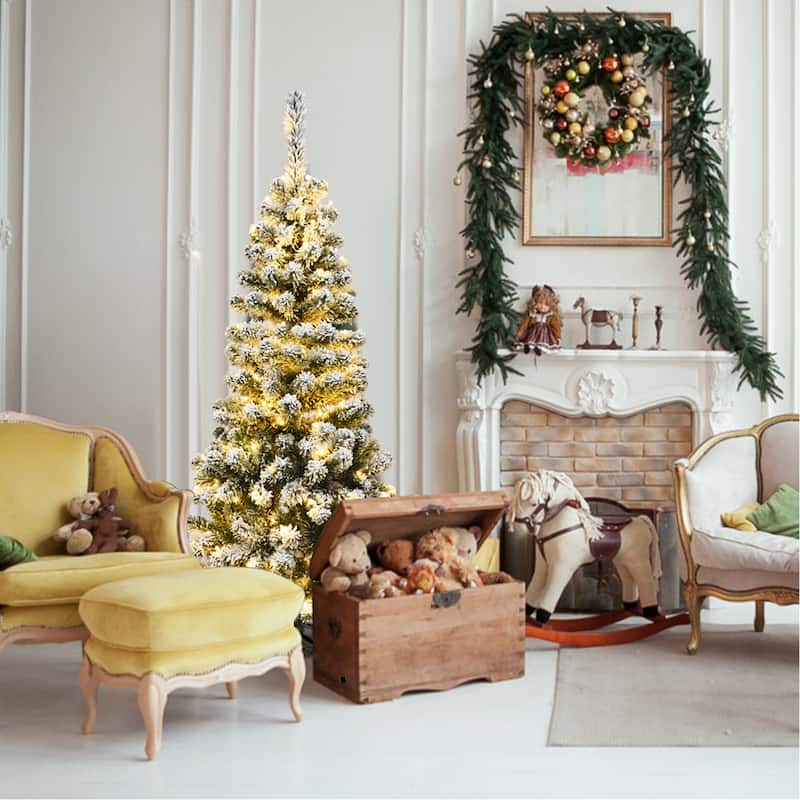Gymax 4.5ft Pre-lit Pencil Snow Flocked Pencil Christmas Tree Holiday - See Details