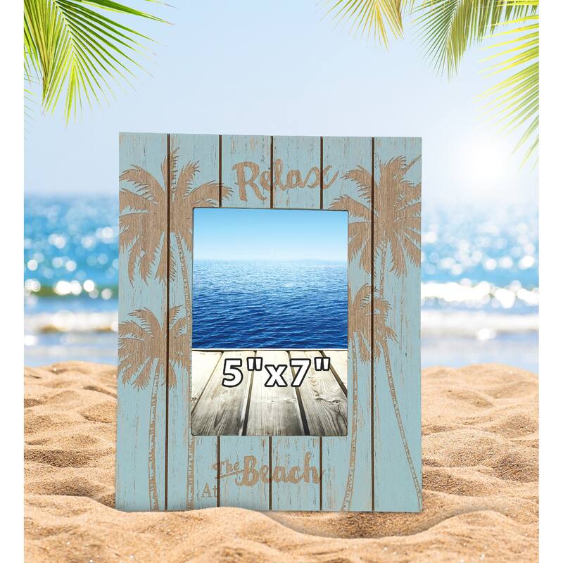 CoTa Global Aqua Blue Distressed Wood Palm 5×7 Photo Frame - 11 inches