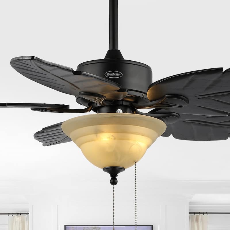 Owen 52" 3-Light Coastal Bohemian Iron/Wood Palm Leaf LED Ceiling Fan with Pull Chain, by JONATHAN Y - Black