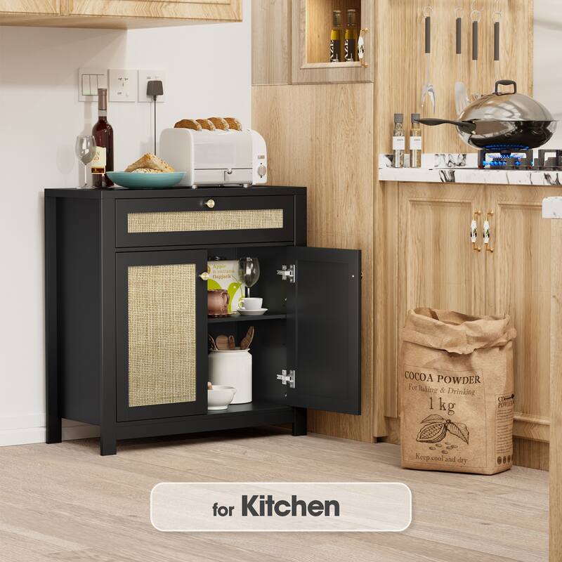 Anmytek 2-Door Black Rattan Cabinet with Drawer Storage Sideboard Buffet 31.5"W x 13.7"D x 32.8"H