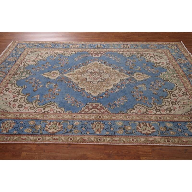 Blue Tabriz Persian Vintage Area Rug Handmade Wool Carpet - 6'6" x 9'10"