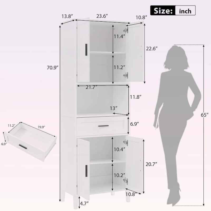Freestanding Tall Cabinet with Drawer,2 Cabinets,4 Soft-Close Doors,and Adjustable Shelves for Versatile Storage