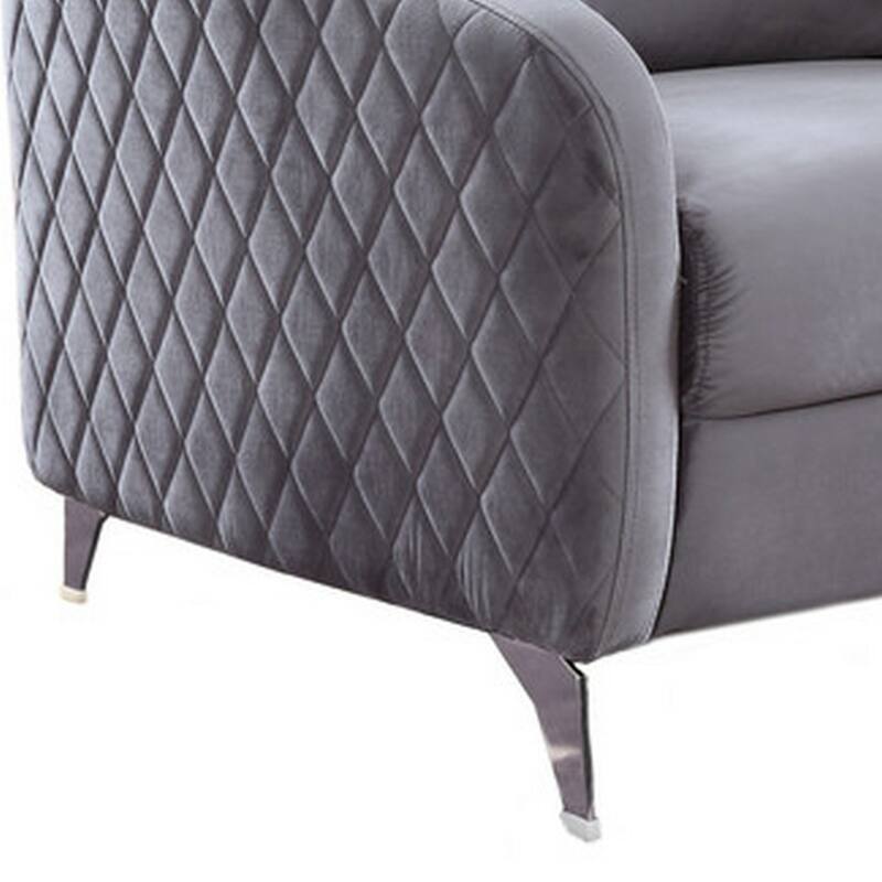 Hida 36 Inch Modern Accent Armchair, Crisp Diamond Stitching, Gray Velvet